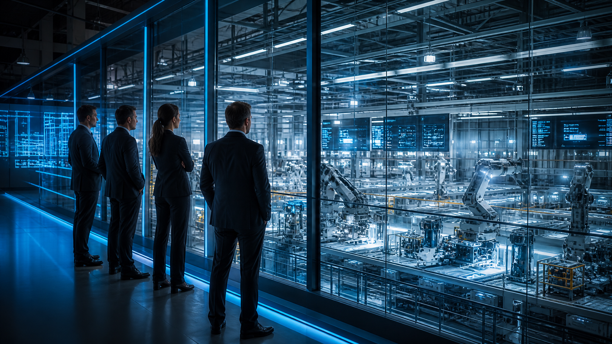 Executivos e engenheiros observando linha de produção automatizada moderna